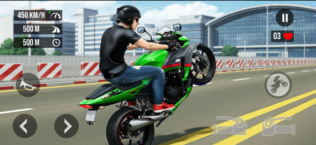 GT Bike Racing Moto Bike Games - A green motorcycle performing a wheelie stunt on a city highway