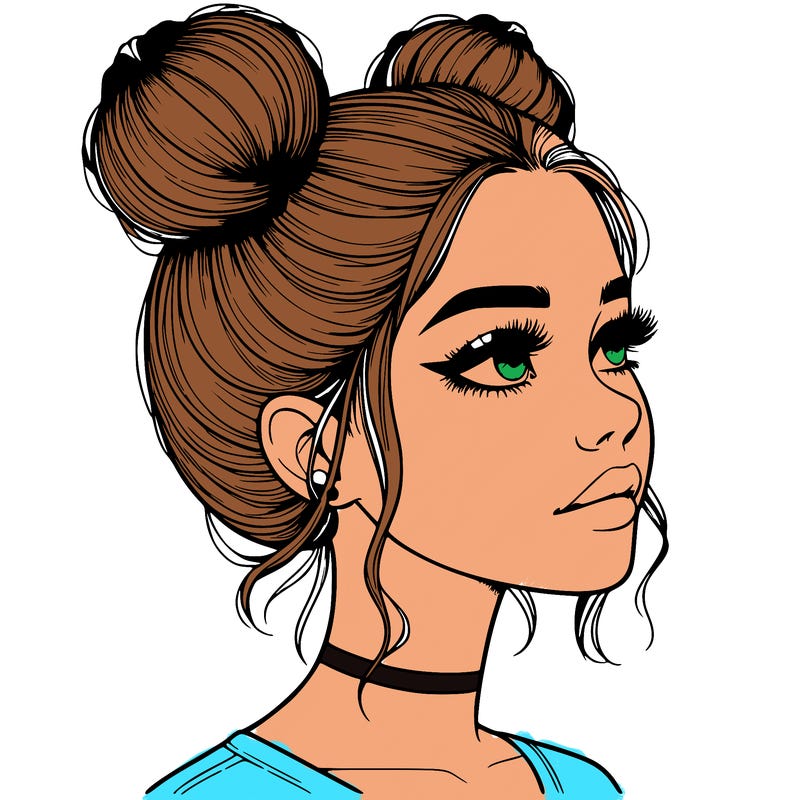 realistic girl with buns on the top of her head