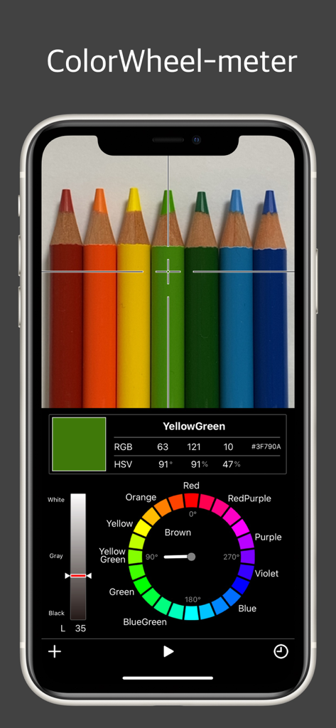 Smartphone screen showing ColorLoupe2 app identifying the color of a green pencil