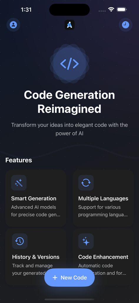 AI Website Builder - AIウェブサイトビルダーアプリのインターフェース。コード生成機能と新しいコードボタンを強調表示。