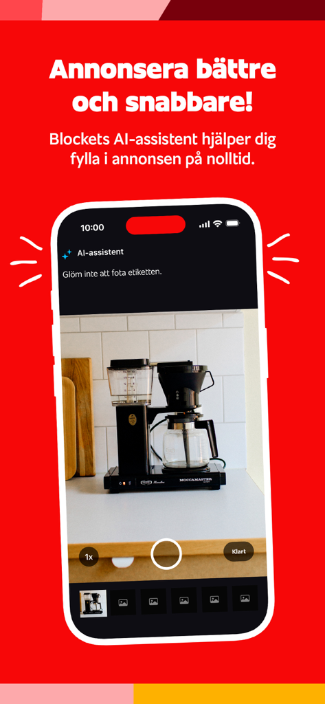 Blocket mobile app showing an AI assistant interface to quickly list a coffee machine for sale.