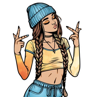 realistic teenage girl with braids and a beanie and crop top doing 🫶🏼