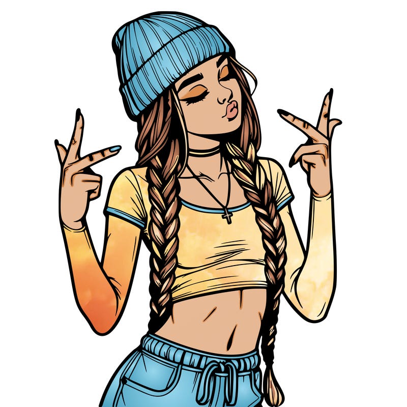 realistic teenage girl with braids and a beanie and crop top doing 🫶🏼