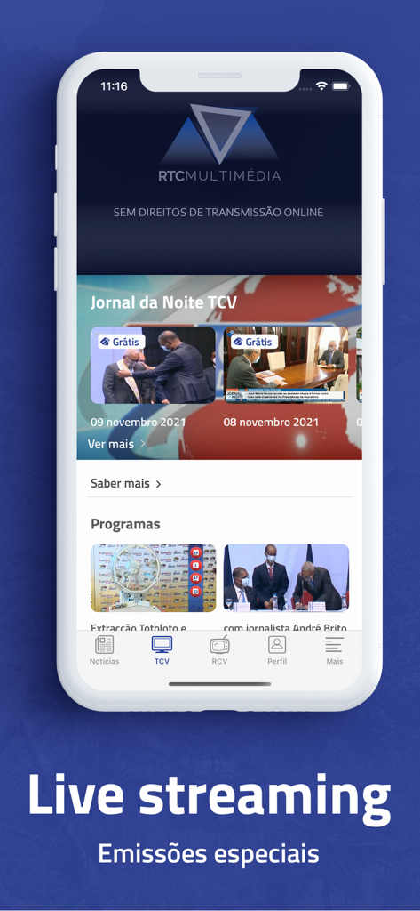 Rádio Televisão de Cabo Verde - RTC Cabo Verde mobile app interface showing live streaming television and news programs