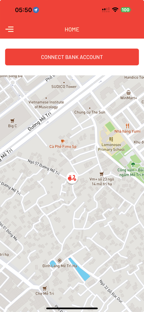 ChopChop - Écran d'accueil de l'application ChopChop montrant une carte de ville avec une icône de scooter de livraison et un bouton pour connecter un compte bancaire