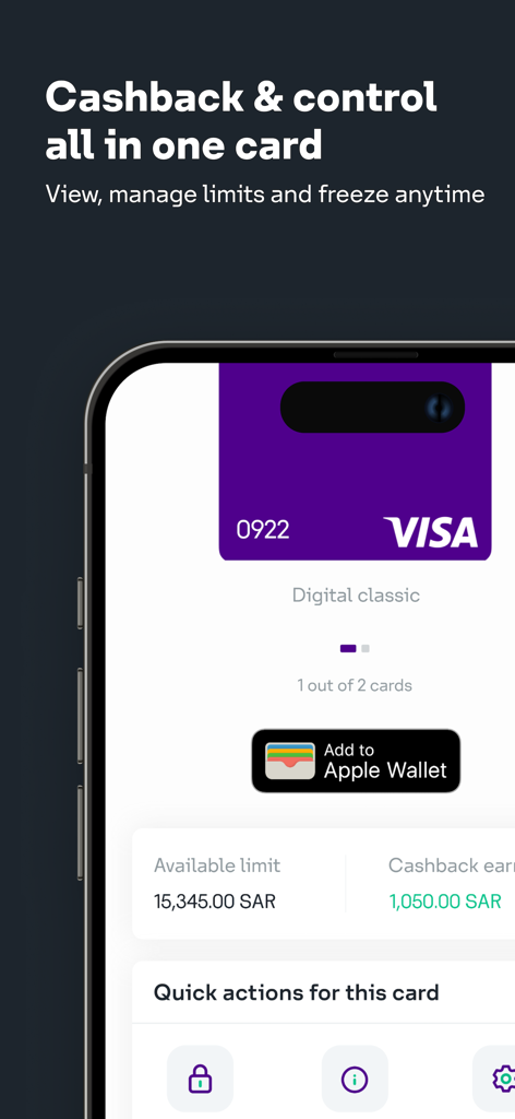 STC Bank App-Oberfläche, die eine digitale Visa-Karte mit verfügbarem SAR-Limit und Cashback-Details anzeigt