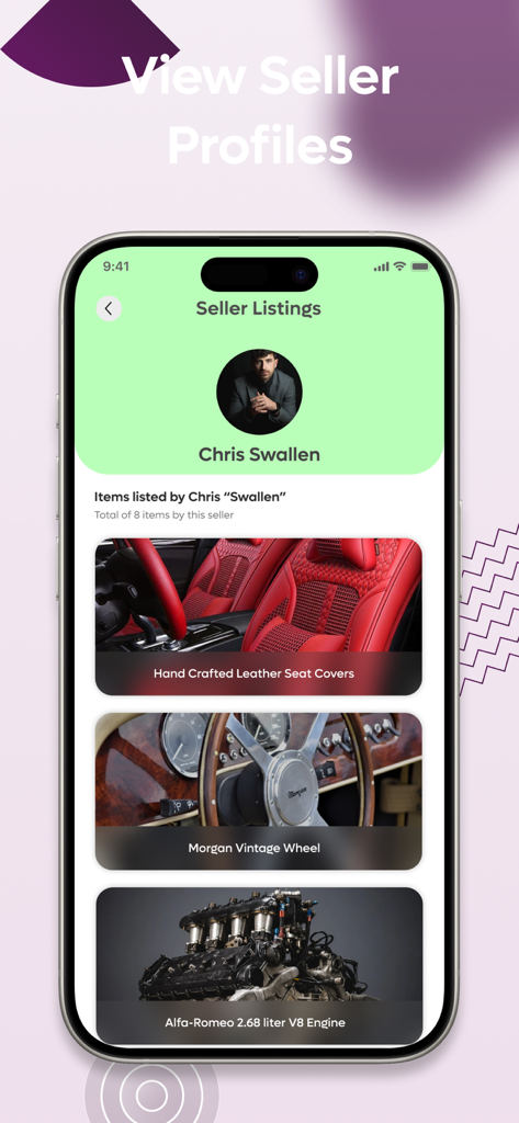 The FoundIt App - Uma tela do App FoundIt exibindo um perfil de vendedor com itens listados como rodas vintage e capas de assento de couro