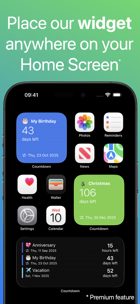 iPhone home screen with Countdown app widgets showing days left for a birthday and Christmas.