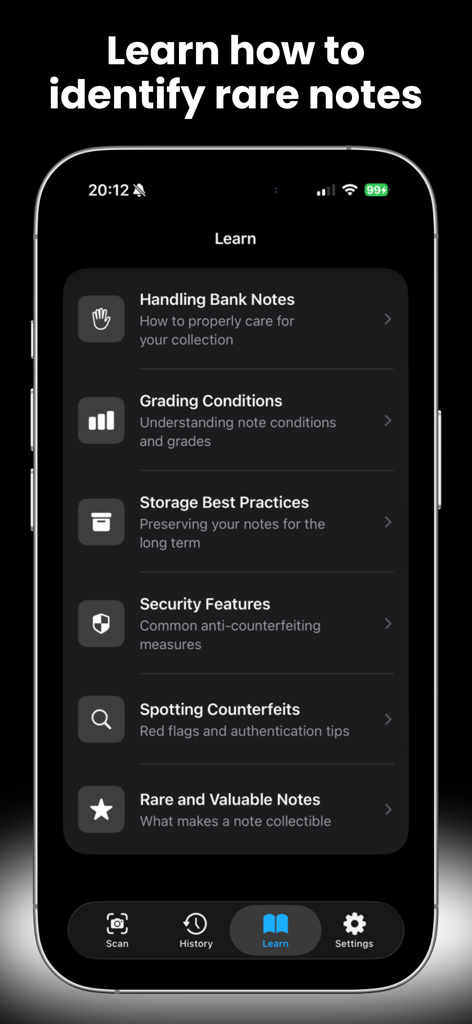 Pantalla de aprendizaje con guías sobre la clasificación de billetes y la detección de falsificaciones