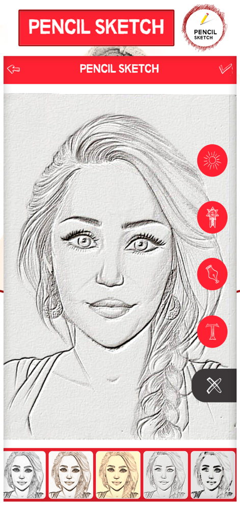 iSketch - Pencil Sketch Effect - Mobile app interface showing a woman's portrait converted into a realistic pencil sketch with artistic filter options