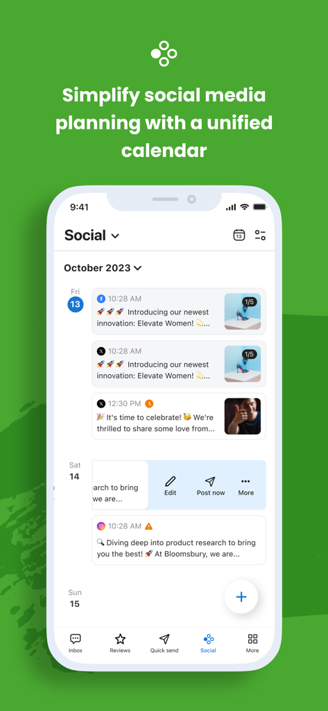 Interface de l'application mobile Birdeye montrant un calendrier de réseaux sociaux unifié pour la planification et la gestion des publications d'entreprise sur plusieurs plateformes