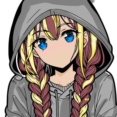 anime girl with long braids and hoodie