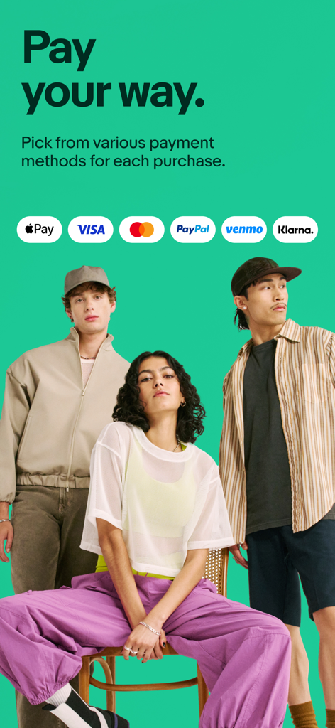 eBay app screen showing various payment methods like Apple Pay PayPal and Venmo with three trendy shoppers on a green background