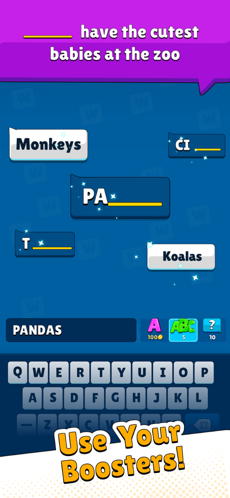 Popular Words: Family Game - Una schermata di gioco di trivia di parole che mostra una domanda a completamento di frase sugli animali dello zoo con potenziamenti di gioco e una tastiera.