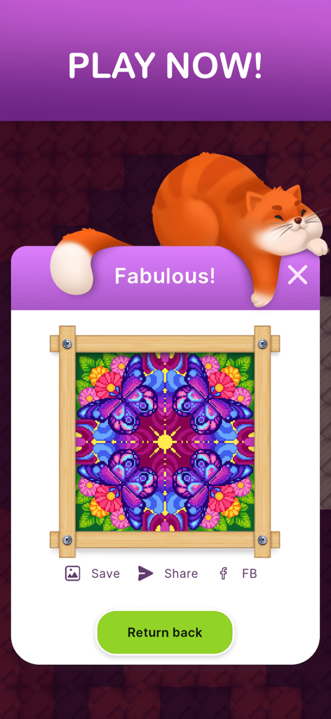 Cross Stitch: Pixel puzzle art - Eine fertige, farbenfrohe Schmetterlings-Mandala-Pixelkunst in einem Holzrahmen auf einer lila Spieloberfläche mit einer orangefarbenen Katzenillustration.