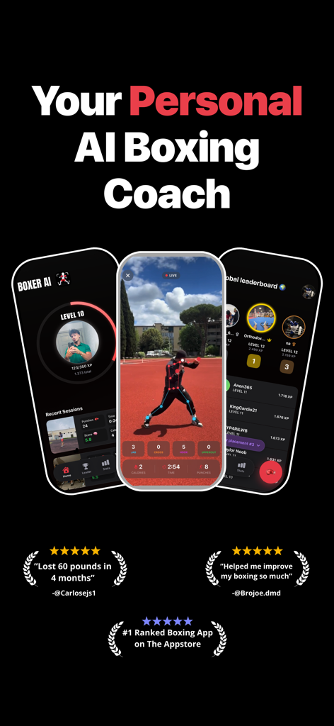 Boxer AI app interface showing real-time punch tracking and global leaderboard