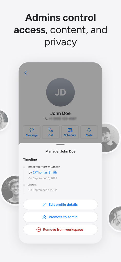 Zenzap: Professional Work Chat - Administrative interface in the Zenzap app showing user management and workspace control options