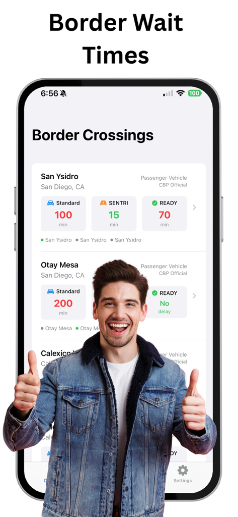Mobile app interface showing real-time border wait times for San Ysidro and Otay Mesa crossings