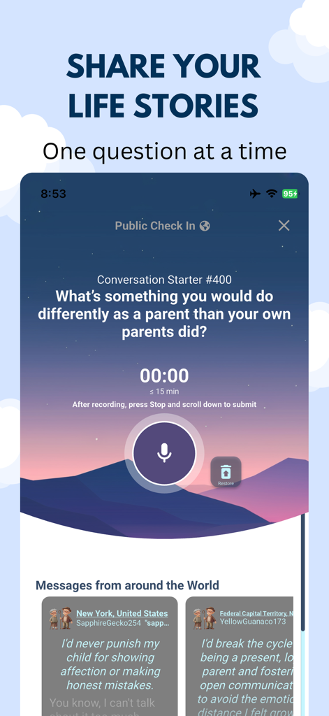 Bubblic: Connect with people. - Interfaz de la aplicación Bubblic que muestra una pantalla de grabación de voz con una indicación de conversación profunda sobre la paternidad y mensajes de la comunidad de todo el mundo.