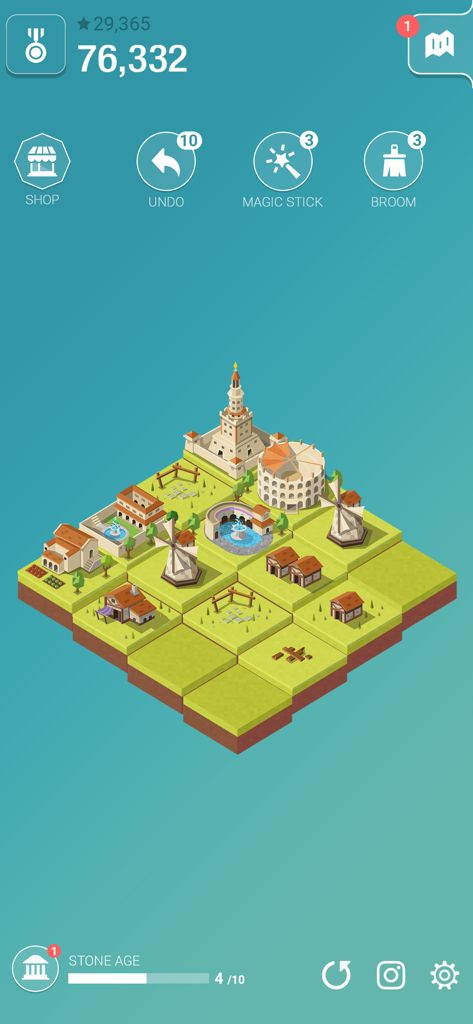 Gameplay screen of Age of 2048 featuring an isometric city grid with historical buildings and game items
