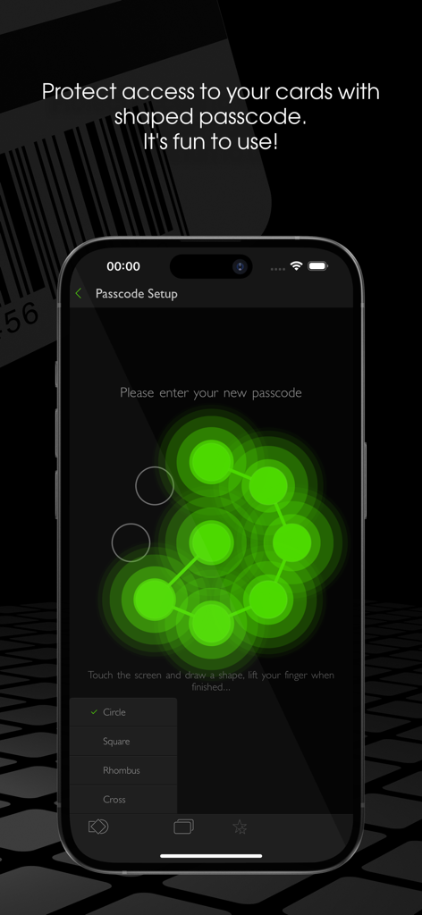 iPhone-Bildschirm zeigt die formbasierte Passcode-Einrichtung mit einem grünen kreisförmigen Musterschloss für sicheren Zugriff auf Treuekarten.
