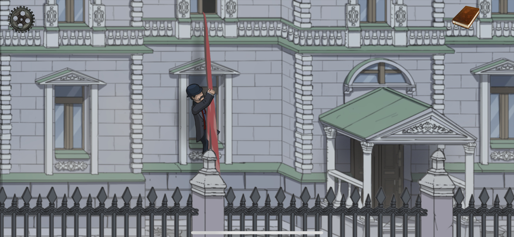 Un personaje con bombín escala el costado de un gran edificio histórico en Rusia