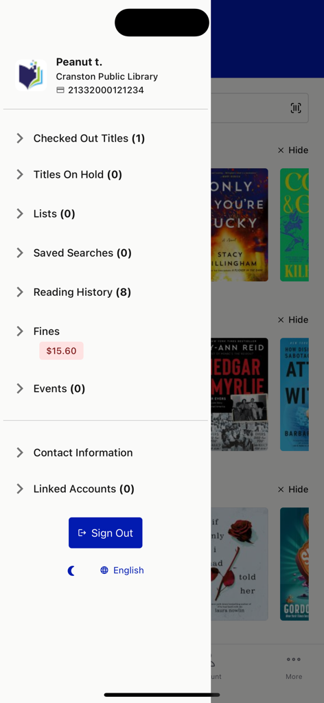 Account menu of the Ocean State Libraries app showing borrowing history and fines.