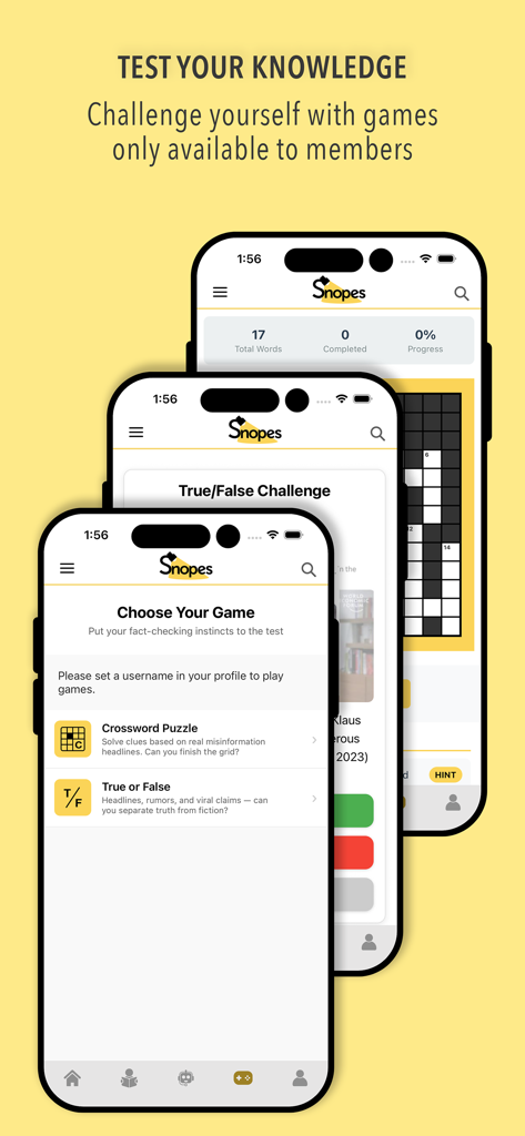 Snopes - Snopes app interface showing various fact-checking games including crosswords and true or false challenges.