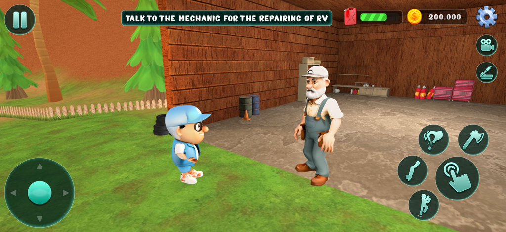 A character talking to a mechanic in a wooden garage for RV repairs