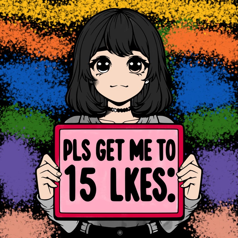 realistic girl holding up a sign that says “pls get me to 15 likes!”