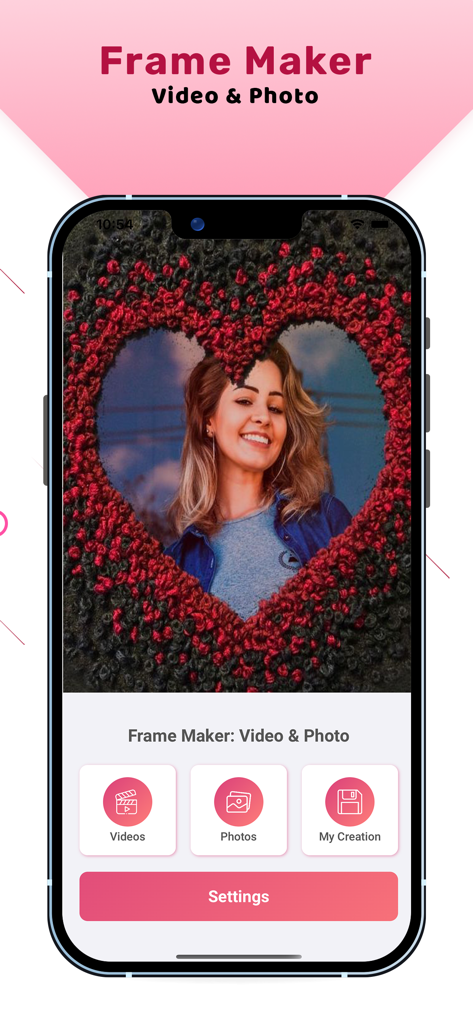 SnapFrame: Foto & Video Editor - SnapFrame mobile app home screen showing heart frame photo editing features