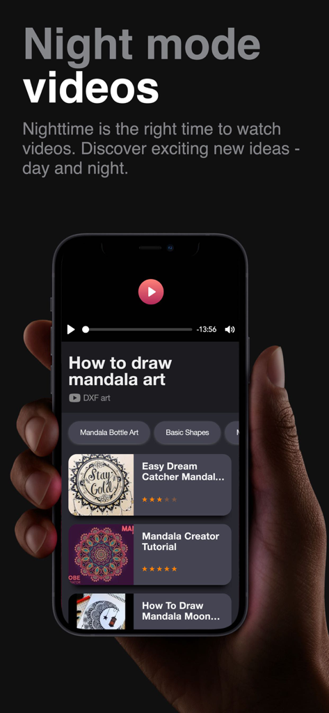 Mandala Art - Draw & Learn - Pantalla de smartphone mostrando tutoriales de dibujo de arte mandala en modo nocturno.