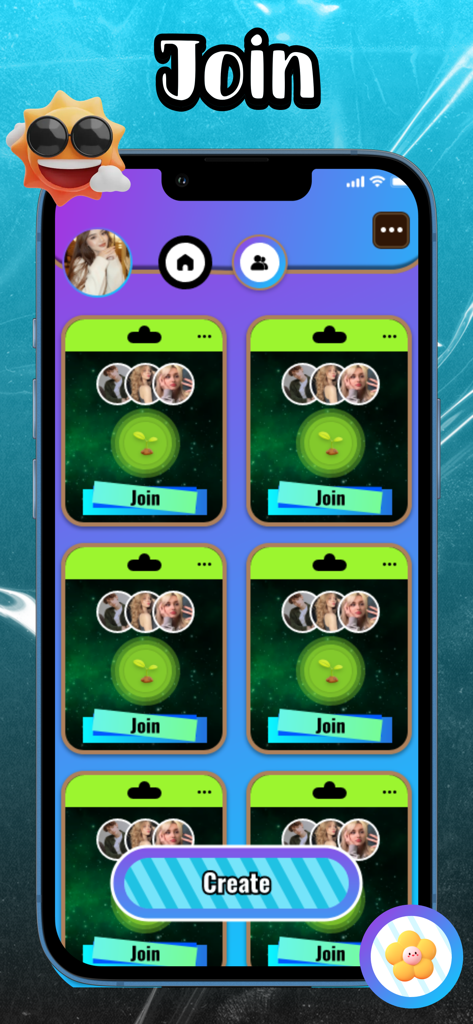 Focra app interface showing a list of shared focus rooms with join buttons and user profile avatars
