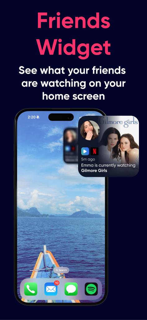 Queue - Find Movies & Shows - Friends Widget for the Queue app displaying a friend watching Gilmore Girls on an iPhone home screen