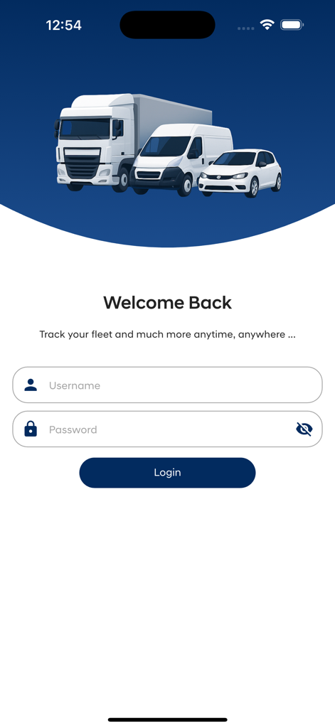 Die Anmeldeseite der PX Flottenmanagement-App mit Feldern für Benutzername und Passwort unter einer Abbildung eines LKWs, Lieferwagens und Autos.