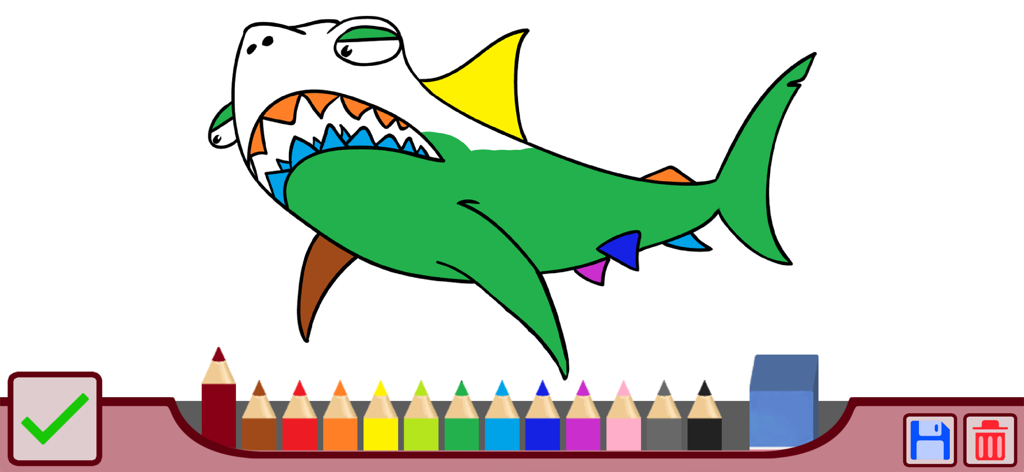 Un personaje monstruo tiburón siendo coloreado en la aplicación de libro para colorear digital Urban Monsters con una paleta de lápices de colores.