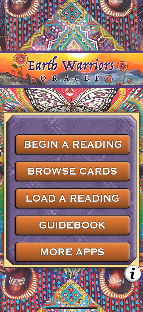 Earth Warriors Oracle Cards - Main menu of the Earth Warriors Oracle app showing card reading and guidebook options against a spiritual art background