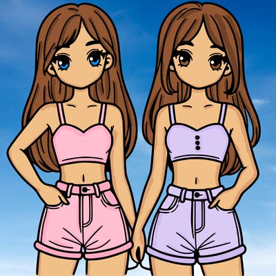 two sisters with crop tops and jean shorts and straight hair
