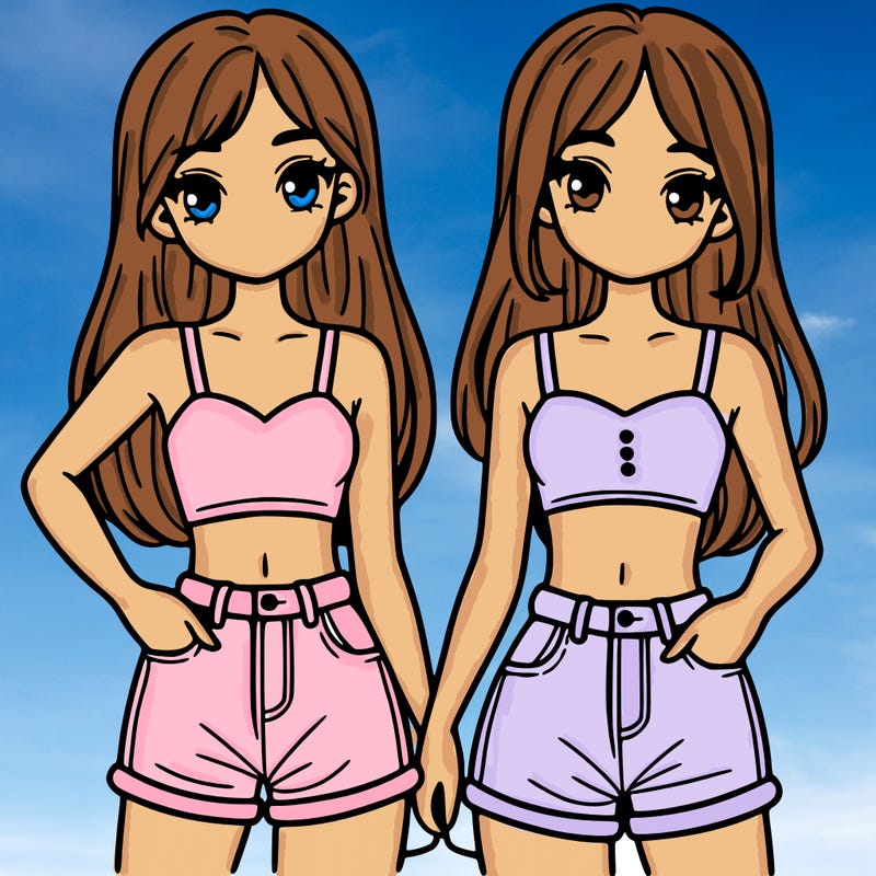 two sisters with crop tops and jean shorts and straight hair