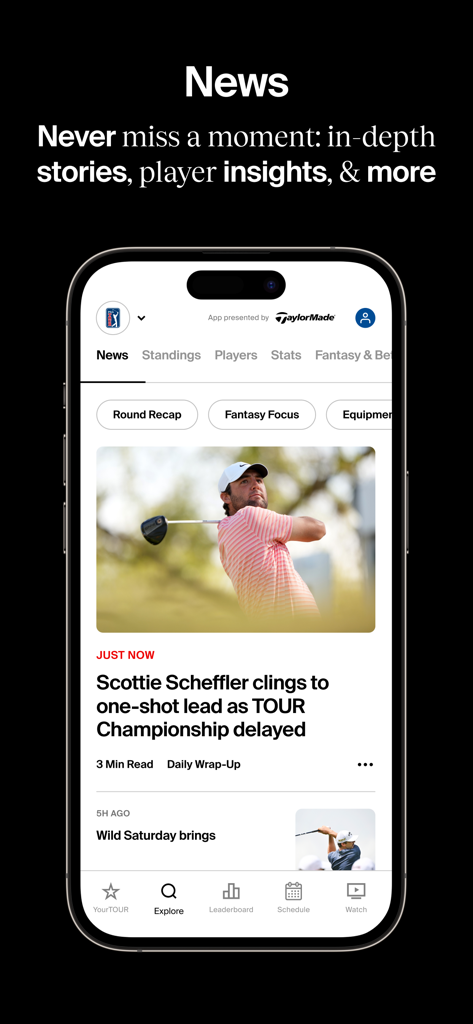 PGA TOUR app News screen featuring professional golf stories and player insights.