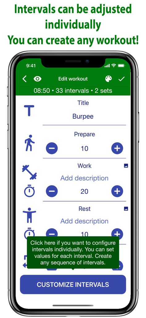 Custom interval workout editor screen for burpee exercises
