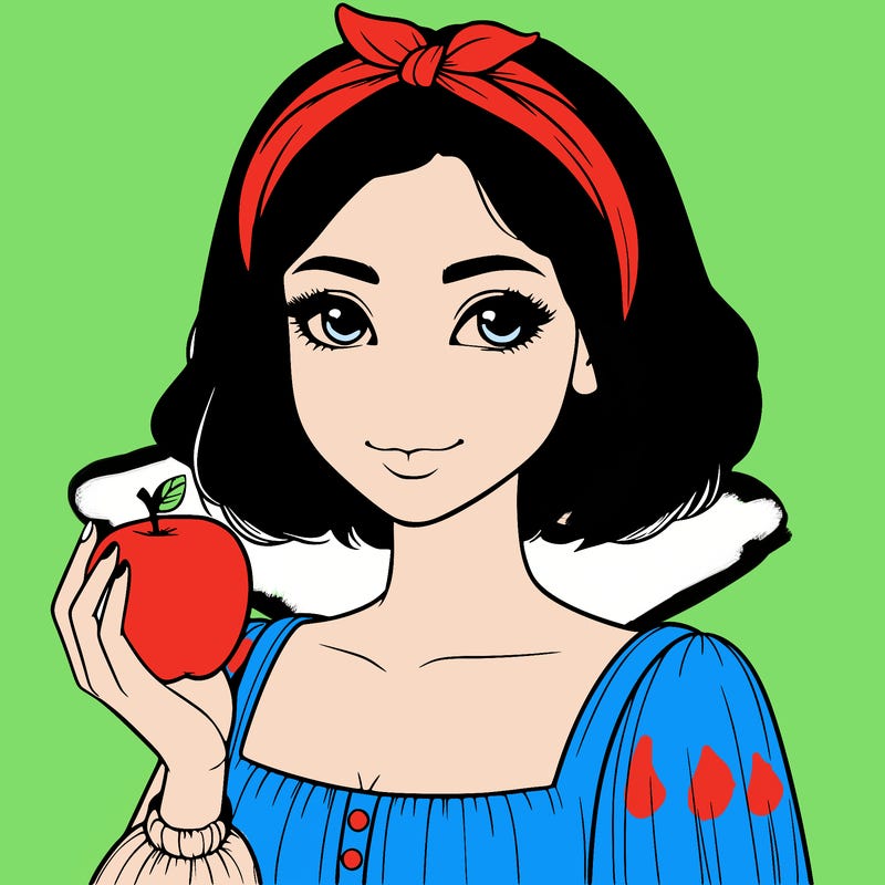 a woman with medium short hair, wearing a headband with a small bow, carrying an apple in her hand, realistic
