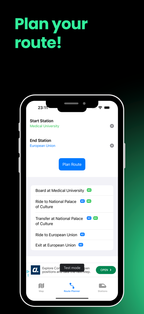A screenshot of the Sofia Metro Map app showing route directions and station transfers.
