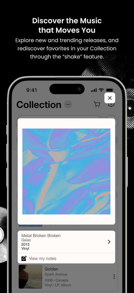Discogs app showing the shake feature to rediscover music from a vinyl collection