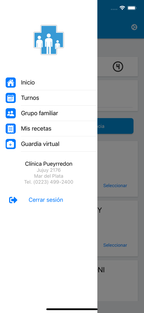 Clinica Pueyrredon - Side navigation menu of the Clinica Pueyrredon mobile app showing options for appointments, family management, and prescriptions.