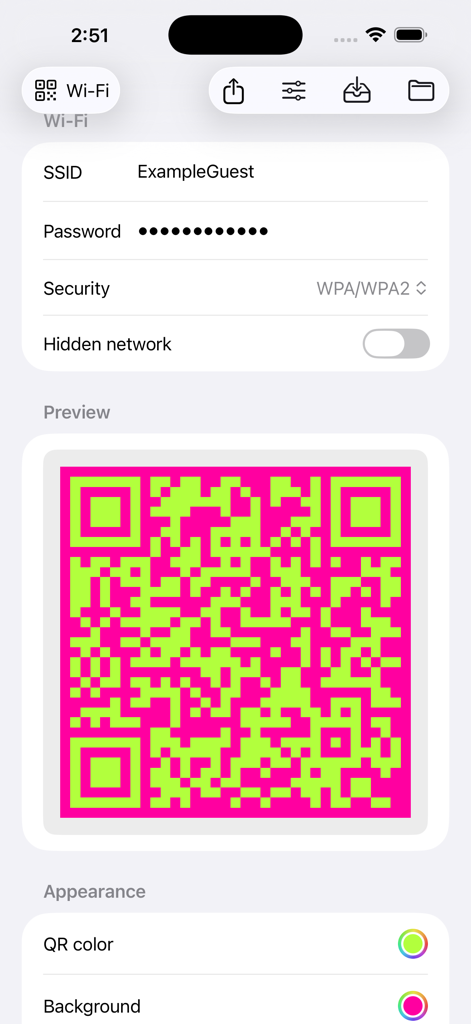Quicker QR Code Generator - Quicker QRコードジェネレーターアプリのインターフェースに、Wi-Fiネットワーク設定と、カスタマイズされたピンクと緑のQRコードのプレビューが表示されています。