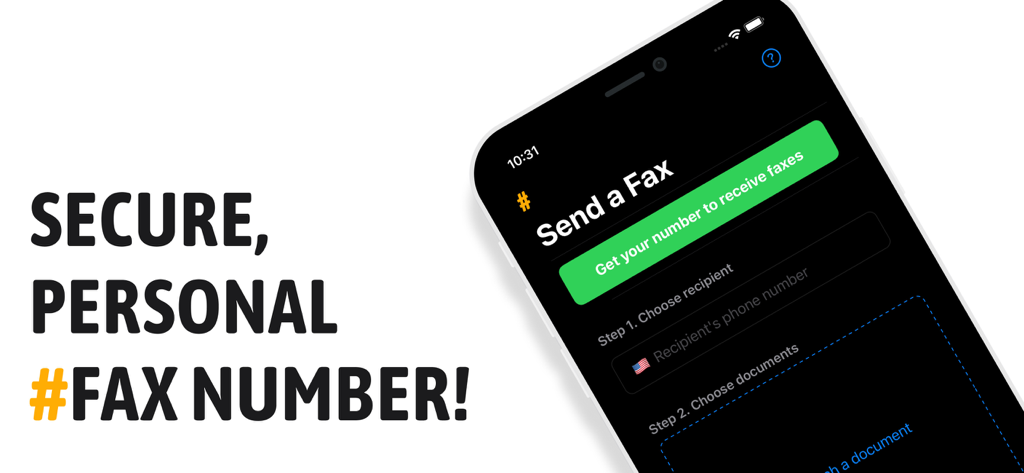 Interface of the #FAX app on iPhone showing options to get a personal fax number and send documents