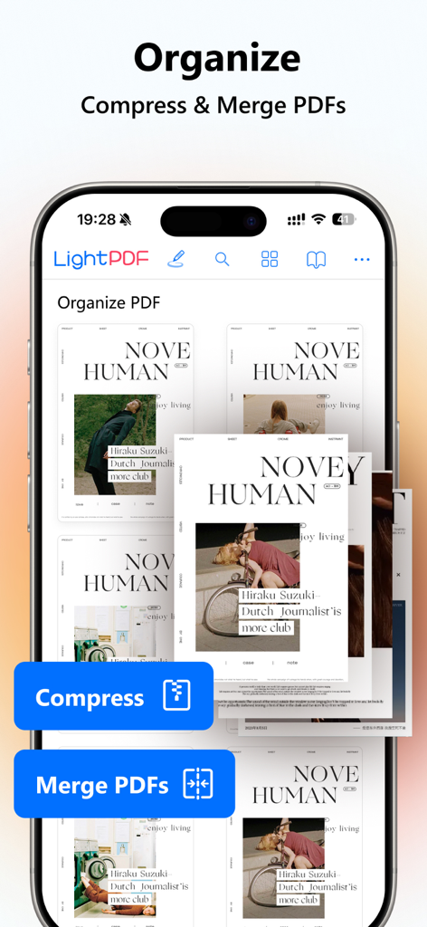 LightPDF: AI Chat PDF, Scanner - LightPDF app screen showing options to organize, compress and merge PDF documents on a mobile phone.