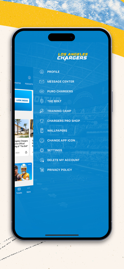 Los Angeles Chargers - The main navigation menu of the Los Angeles Chargers official mobile app