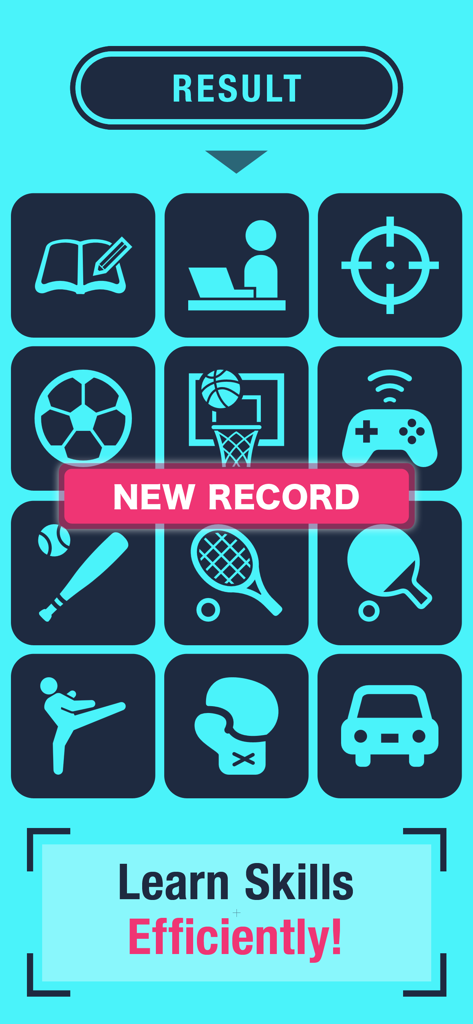 Peripheral Vision Trainer - Una pantalla de resultados de la aplicación Entrenador de Visión Periférica con iconos para deportes, juegos y conducción para mostrar cómo el entrenamiento mejora varias habilidades del mundo real